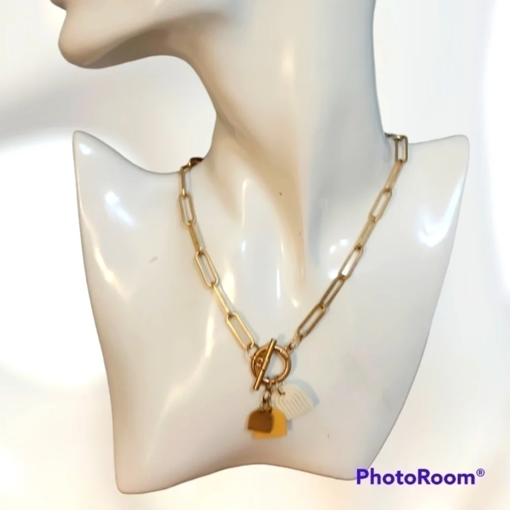 3/$30 Matte Goldtone Paperclip Link Toggle Rainbow Charm Necklace